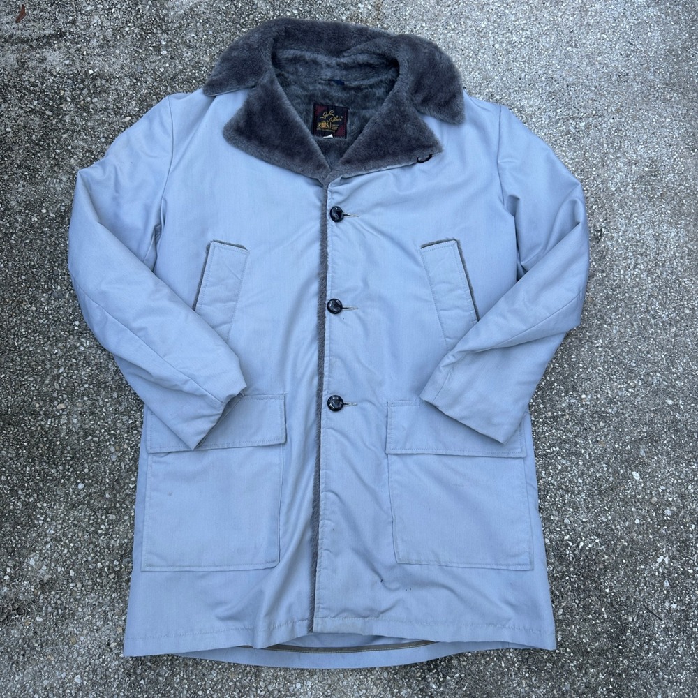 Vintage 70s John Blair Mens 42R Blue Gray Faux Fur Lined Car Coat Parka Jacket